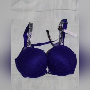 Victoria's Secret Deep Blue Eyelash Lace Push-up Bra With Rhinestone Straps